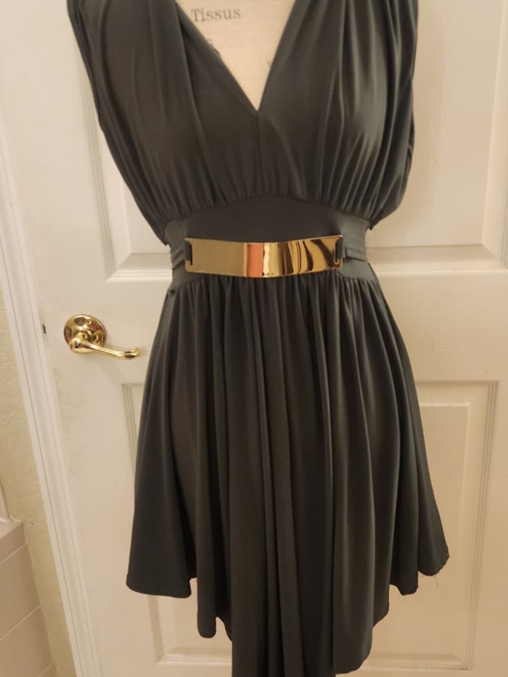 Jasmine Charcoal V-Neck High-Low Dress with Gold Belt